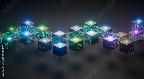 3D rendering of glowing circuit cubes in a dark background