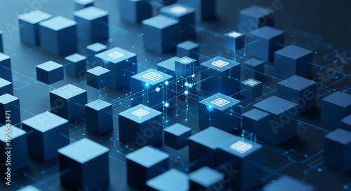 A blue 3d rendering of cubes with glowing squares on top