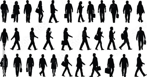 Black silhouettes of thirty diverse people walking in rows, carrying bags and briefcases, showing urban pedestrian movement