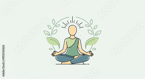 Person meditating in lotus position with leaves and sun rays yoga and mindfulness concept