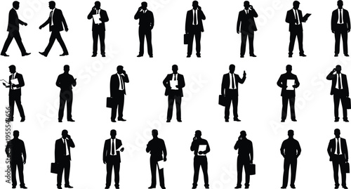 Black silhouettes of twenty‑four male business professionals in suits and ties, showing workplace diversity, posture, and corporate culture