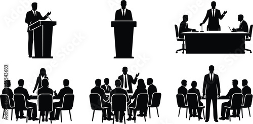 Business meeting and presentation silhouettes with speaker at podium and team discussion around table isolated on white background corporate conference concept