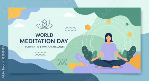 Woman meditating in lotus position on world meditation day with purple shirt and green leaves background