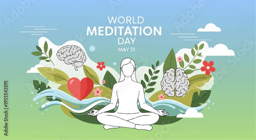 Person meditating in lotus position surrounded by leaves heart and brain on world meditation day promoting relaxation and mindfulness in nature