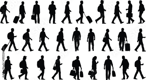 Collection of traveler and business people silhouettes walking with luggage bags isolated on white background, travel and commute concept minimal style