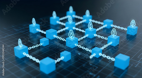 blockchain network with blue cubes and white chains on grid background