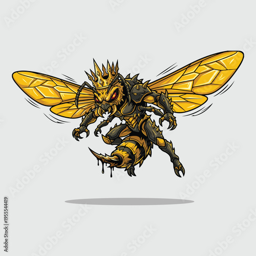 Aggressive hornet or bee warrior wearing golden armor and a crown.