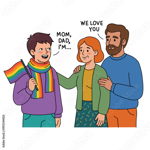 Crying boy holding rainbow flag and wearing rainbow scarf saying mom dad I am to smiling parents saying we love you