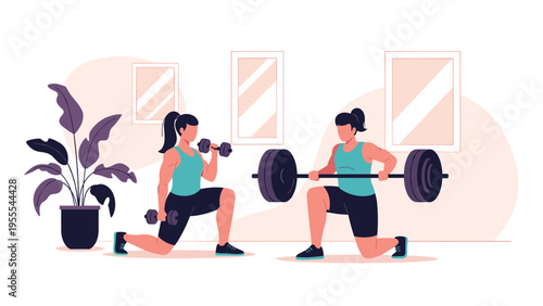 Determined women perform strength training exercises by lifting dumbbells and barbells in a modern gym with indoor plants.