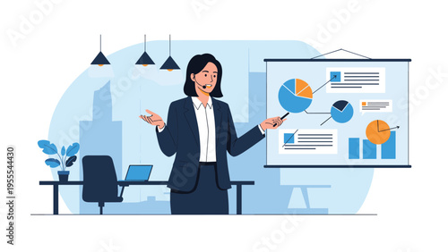 Professional businesswoman delivers an insightful corporate presentation using a flipchart with various data charts and pie diagrams.
