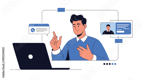 Professional man participates in a virtual conference call on his laptop while discussing projects through a webcam from home.