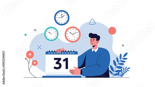 Man manages his schedule and deadlines by holding a large calendar showing the date thirty-one surrounded by multiple wall clocks.