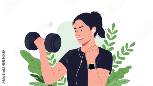Healthy woman performs arm exercises with a dumbbell while listening to music and tracking her workout on a modern smartwatch.
