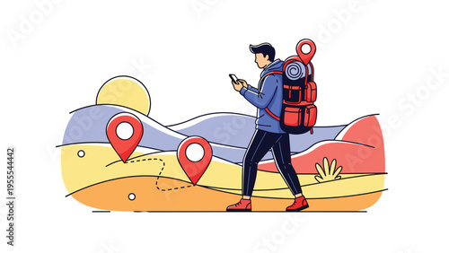 Adventurous hiker uses a smartphone for navigation while walking through a scenic desert landscape with various location pin markers.
