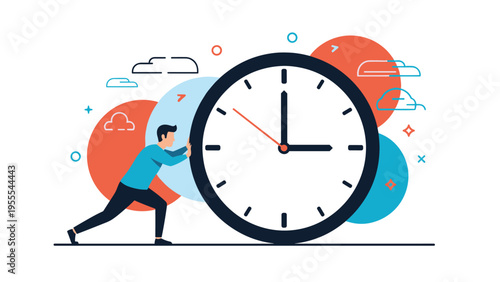 Determined man struggles with time management and deadlines by pushing a giant clock against a backdrop of colorful circles.