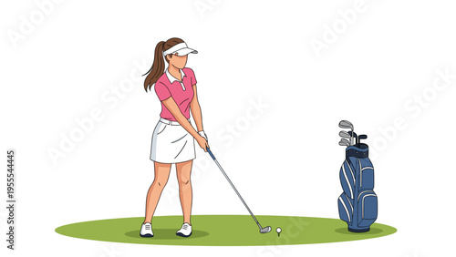 Female golfer wearing a pink polo shirt prepares to swing at a golf ball on a lush green course with her bag nearby.
