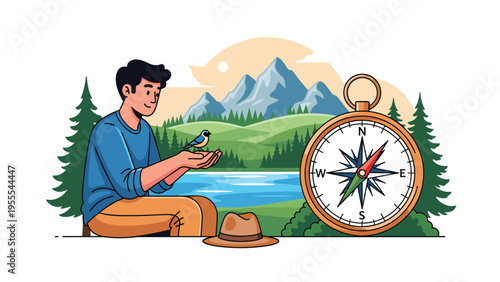 Customer service representative with a headset working at a computer with glowing rating stars and message chat bubbles.