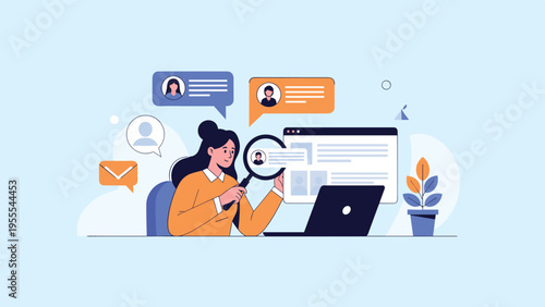 Professional recruiter uses a magnifying glass to search for the perfect candidate on a laptop screen with user profiles.