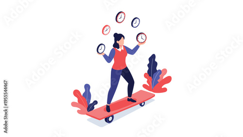 Business woman juggling multiple clocks while balancing on a moving skateboard represents effective multitasking and time management skills.