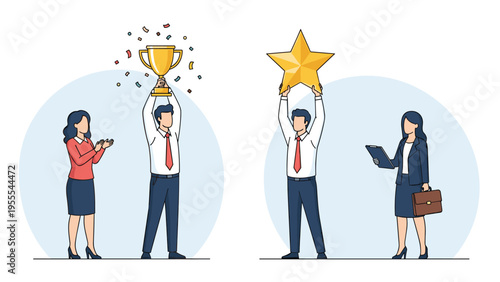 Business team members celebrate their shared success by holding a gold trophy and a large star during a corporate recognition ceremony.