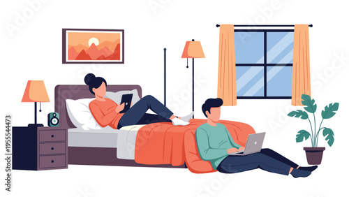 Young couple relaxes in their bedroom while staying productive by using a laptop and tablet for remote work and digital entertainment.