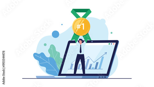 Successful businessman stands inside a laptop screen holding a first place gold medal to celebrate online achievement and digital growth.