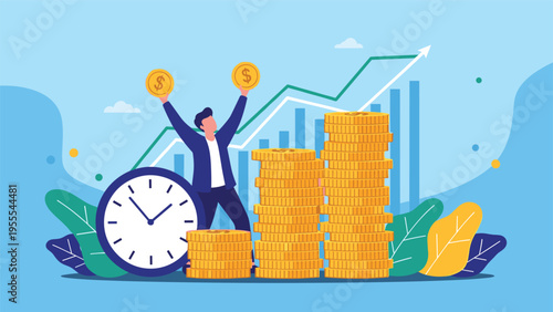 Successful businessman celebrates financial growth by holding gold coins next to a large clock and a rising statistical bar chart.
