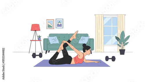 Healthy young woman practices a challenging yoga pose on a mat in her bright living room to improve flexibility and mindfulness at home.