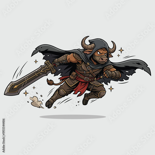 Powerful bull-headed character in a dynamic running pose, wielding a massive sword.