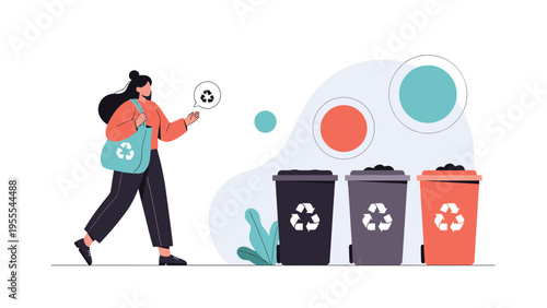 Environmentally conscious woman carries a reusable bag while approaching color-coded recycling bins to promote sustainable waste habits.