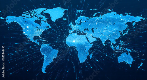 global connections, world map with blue network lines and glowing points