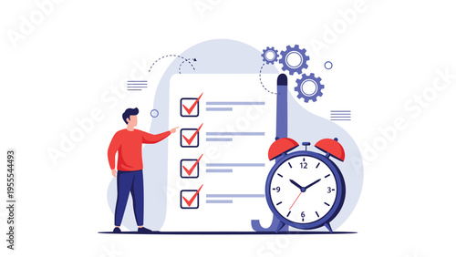 Professional man checking off tasks on a giant to-do list with a red alarm clock nearby representing productivity concepts.