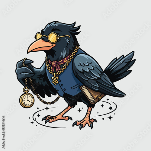Intelligent raven character wearing a vest, glasses, and a cravat, holding a vintage clock.