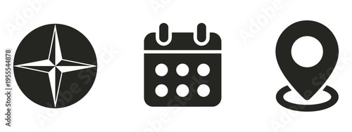 time, date and address or location icons, clock date and location vector set, flat minimal style, modern editable illustration, interface design elements, navigation and calendar symbols