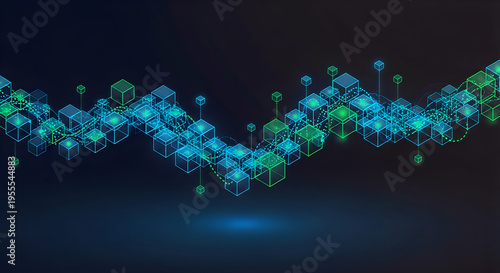 neon glowing blue and green cubes forming wavy data visualization graph
