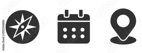 time, date and address or location icons, clock date and location vector set, flat minimal style, modern editable illustration, interface design elements, navigation and calendar symbols