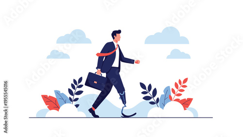 Determined businessman with a prosthetic leg walking confidently through a park with a briefcase on his way to a job interview.