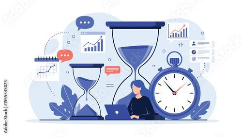 Focused woman working on a laptop surrounded by large hourglasses and a clock representing time management and work deadlines.