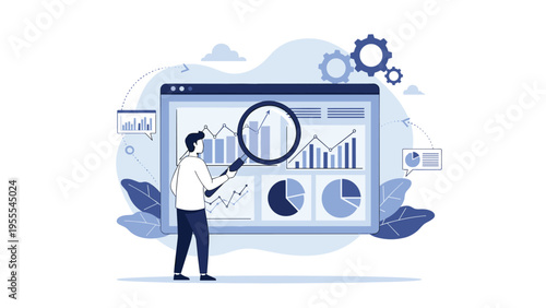 Data analyst using a magnifying glass to examine various financial charts and graphs on a large digital monitor in an office.