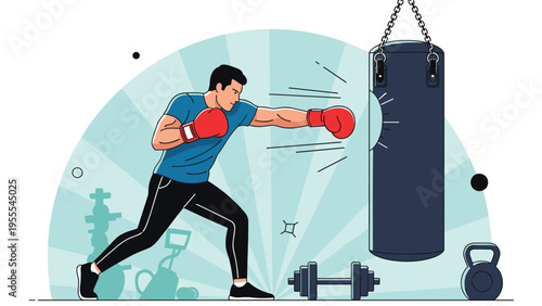 Determined man practicing boxing by punching a heavy bag in a gym with weights and fitness equipment in the background scenery.