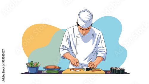Skilled Japanese chef meticulously preparing fresh sushi rolls on a wooden board with various traditional ingredients nearby.