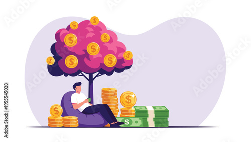 Relaxed man sitting under a tree filled with gold coins while surrounded by stacks of money to represent financial success.