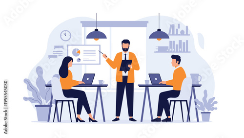 Team leader conducting a business presentation with a chart while colleagues work on laptops in a modern creative office setting.