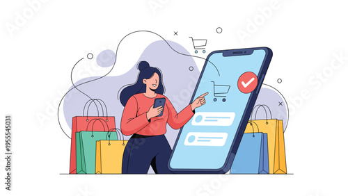 Happy woman using a smartphone for online shopping with colorful shopping bags and a giant mobile screen in the background.