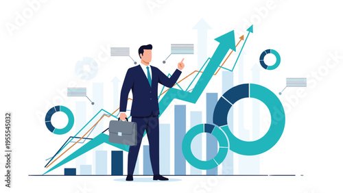 Professional businessman standing in front of rising growth charts and pie diagrams representing a successful corporate strategy.