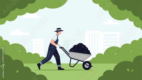 Hardworking gardener in overalls pushing a wheelbarrow full of soil through a green park with city buildings in the distance.