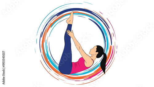Woman performing an advanced yoga leg lift exercise inside a colorful artistic circular frame symbolizing holistic wellness.