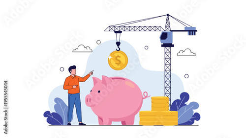 Financial planning concept featuring a man using a construction crane to deposit a large golden coin into a pink piggy bank.