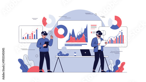 Business analysts use virtual reality headsets to visualize and interact with complex data charts and financial performance graphs.