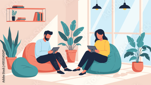 Two people sitting in comfortable bean bag chairs and using tablets in a modern living room filled with many indoor plants.